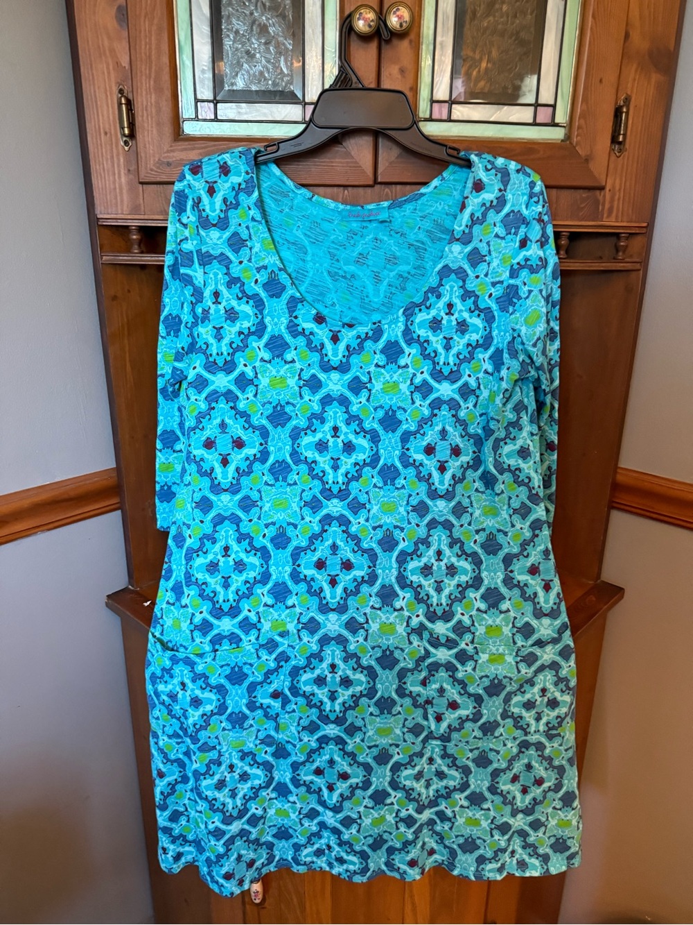 Fresh Produce Dalia 3/4 Sleeve Cotton Pocket Dress  M Blue/Green Geometric print